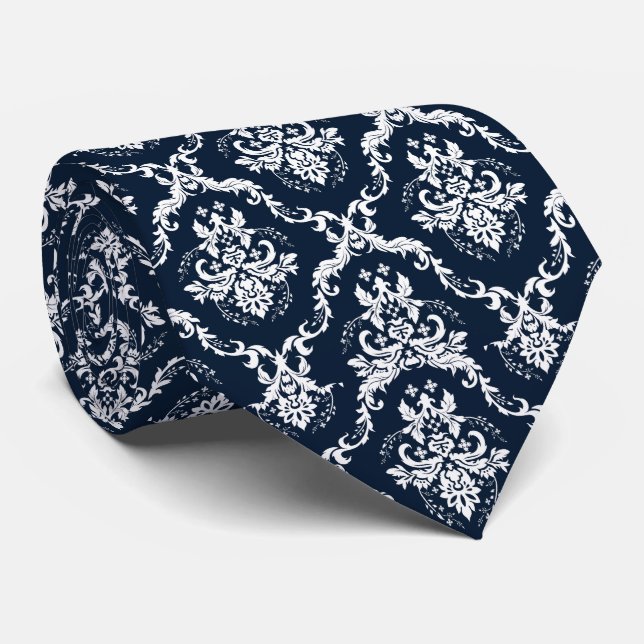 Elegant Sky Blue & White Damasks Krawatte (Gerollt)