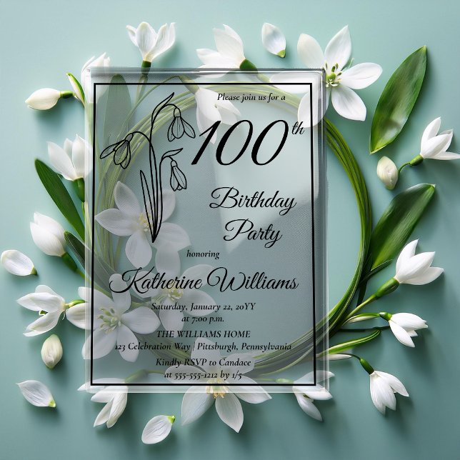 Elegant Snowdrops 100. Geburtstagsparty Acryleinladungen (Elegant Snowdrops 100th Birthday Party Acrylic Invitations)