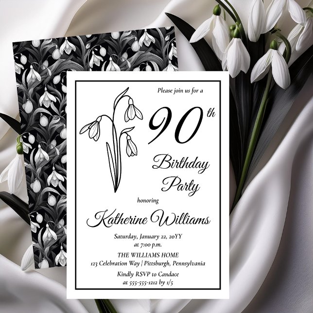Elegant Snowdrops 90. Geburtstagsparty Einladung (Elegant January Birth Month Snowdrops Floral "90th Birthday Party" Invitations -- Print | Download)