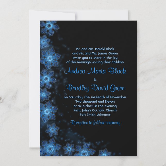 Élégant Snowflake Blue Black Faire-part de mariage (Devant)