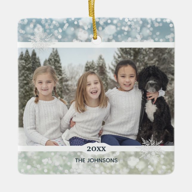 Elegant Snowflake Crystal Bokeh Keramikornament (Vorderseite)