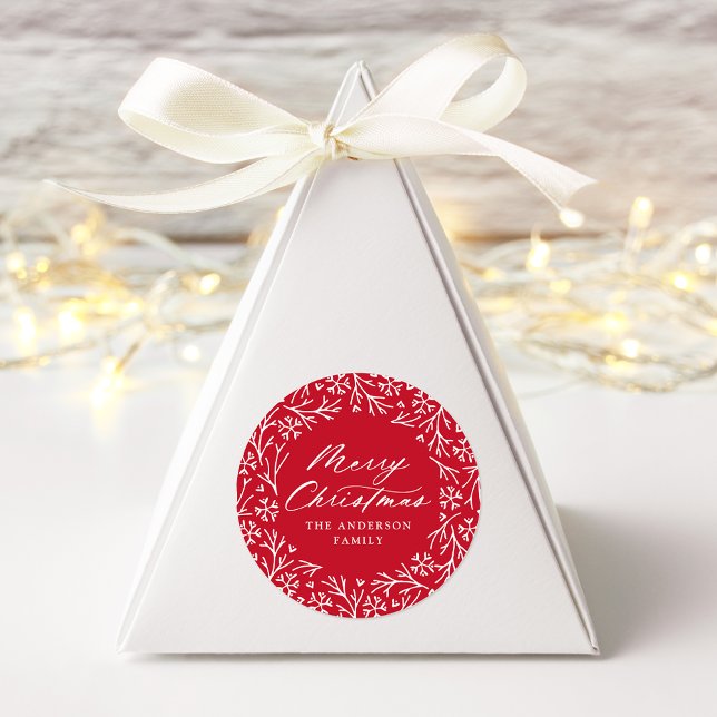 Elegant Snowflake Wreath Red Frohe Weihnachten Runder Aufkleber (Von Creator hochgeladen)