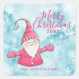 Elegant Snowy Blue and Pink Gnome Frohe Weihnachte Quadratischer Aufkleber