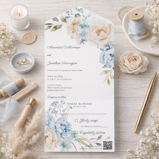 Elegant Soft Blue Floral Wedding All In One Einladung (Von Creator hochgeladen)