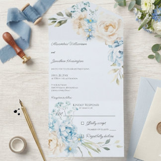Elegant Soft Blue on Blue Floral Wedding All In One Einladung