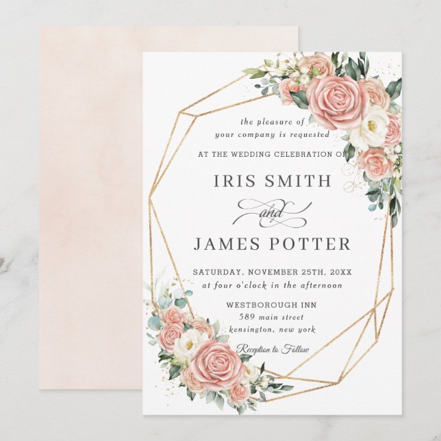Elegant Soft Blush Elfenbeinblume Hochzeitgeometri Einladung (Vorne/Hinten)