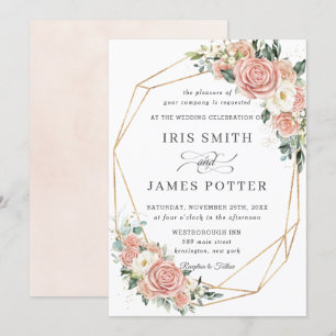 Elegant Soft Blush Elfenbeinblume Hochzeitgeometri Einladung