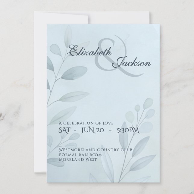 Elegant Soft Cool Blue Botanical Script Wedding  Einladung (Vorderseite)