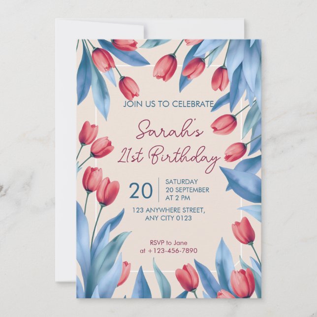 Elegant Soft Floral Tulip 21st Birthday Invitation Einladung (Vorderseite)