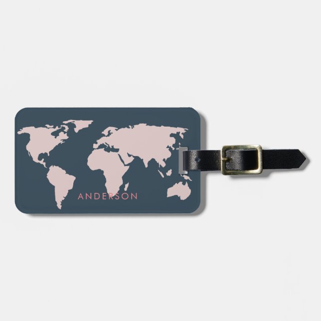 ELEGANT SOFT NAVY BLUSH PINK ROSE GOLD WORLMAP GEPÄCKANHÄNGER (Vorderseite horizontal)