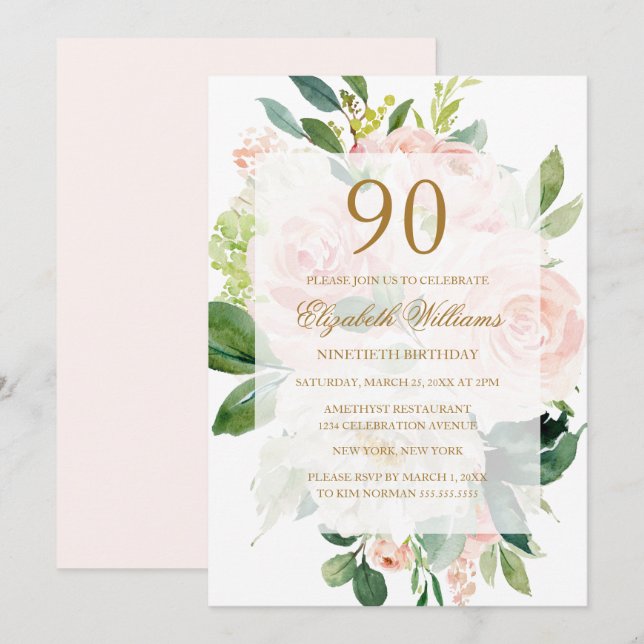 Elegant Soft Peach Bloom 90. Geburtstag Einladung (Vorne/Hinten)