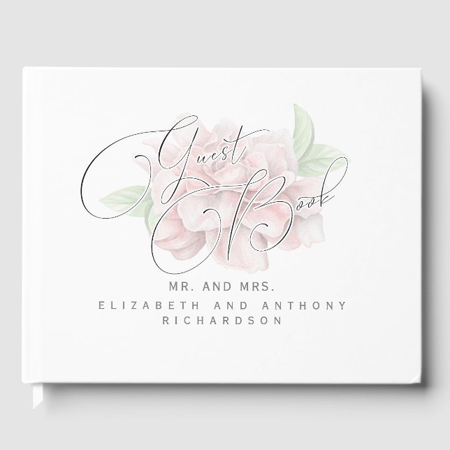 Elegant Soft Pink Blume Typografy Wedding Gästebuch (Vorderseite)