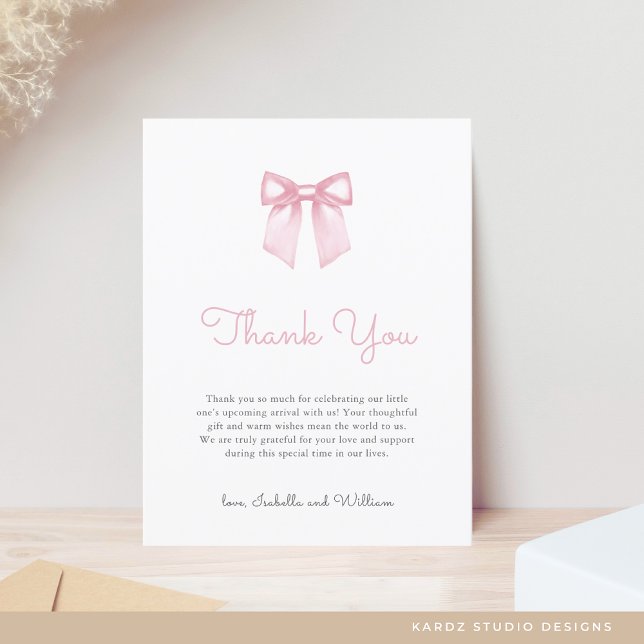 Elegant Soft Pink Bow Baby Dusche Vielen Dank Postkarte (Personalize front and back of postcard)