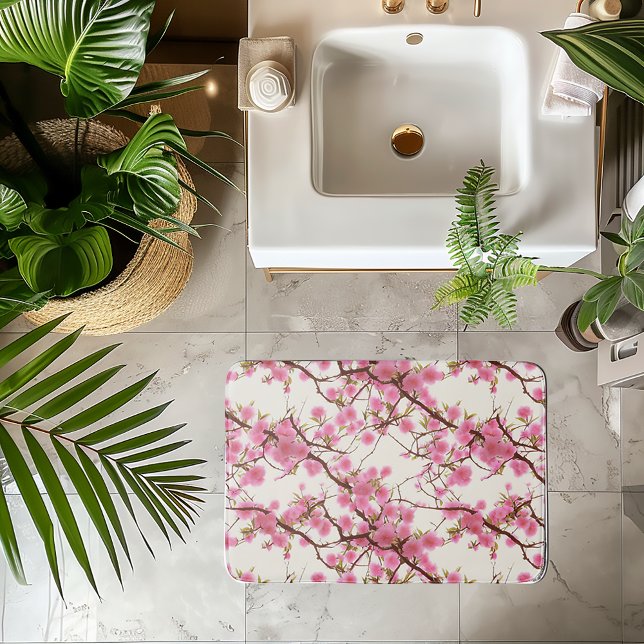 Elegant Soft Pink Cherry Blossom Florals Badematte (Cherry Blossom Bath Mat)