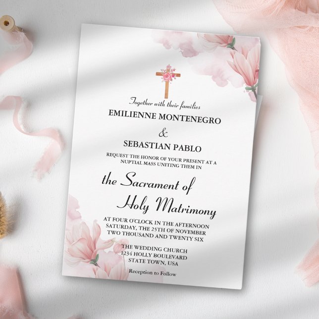 Elegant Soft Pink floral katholische Wed Nuptial M Einladung (Von Creator hochgeladen)