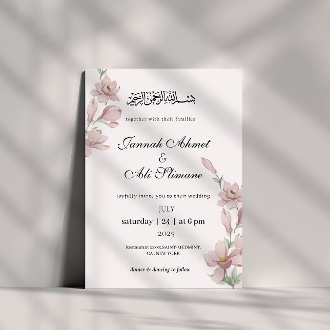 Elegant Soft Pink Magnolia Blumenmuskelhochzeit Einladung (Von Creator hochgeladen)