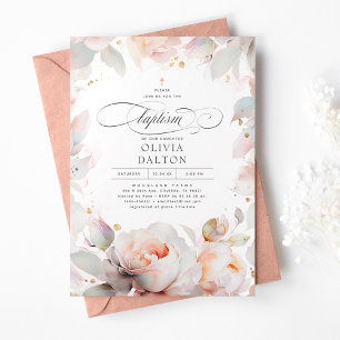 Elegant Soft Pink Peach Floral Boho Girls Taufe Einladung