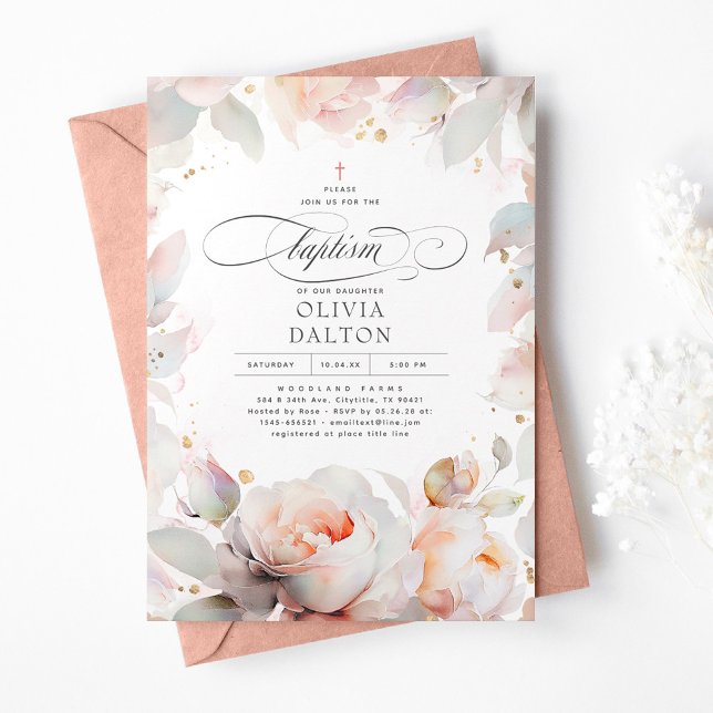 Elegant Soft Pink Peach Floral Boho Girls Taufe Einladung (Von Creator hochgeladen)