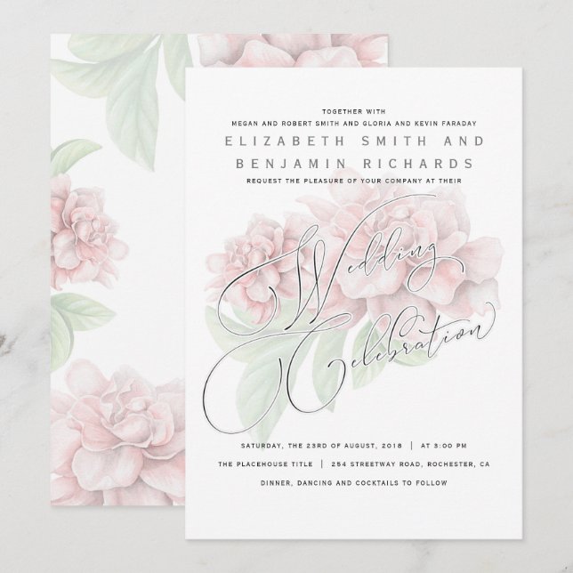 Elegant Soft Pink Peony Floral Typografy Wedding Einladung (Vorne/Hinten)