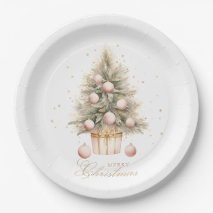 Elegant Soft Pink Watercolor Frohe Weihnachtsbaum Pappteller
