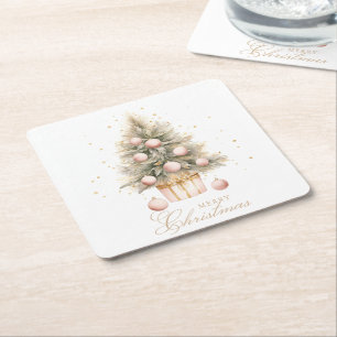 Elegant Soft Pink Watercolor Frohe Weihnachtsbaum Rechteckiger Pappuntersetzer