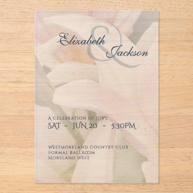 Elegant Soft Romantic Floral Lily Script Wedding Acryleinladungen (Vorderseite)