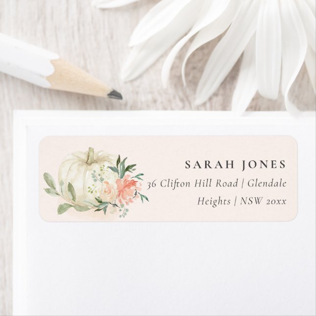 Elegant Soft White Pumpkin Blush Floral Address (Insitu)