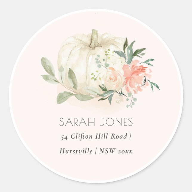 Elegant Soft White Pumpkin Blush Floral Address Runder Aufkleber (Vorderseite)