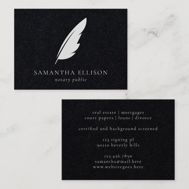 Elegant Solid Black Feather Quill Notary Attorney Visitenkarte (Vorne/Hinten)