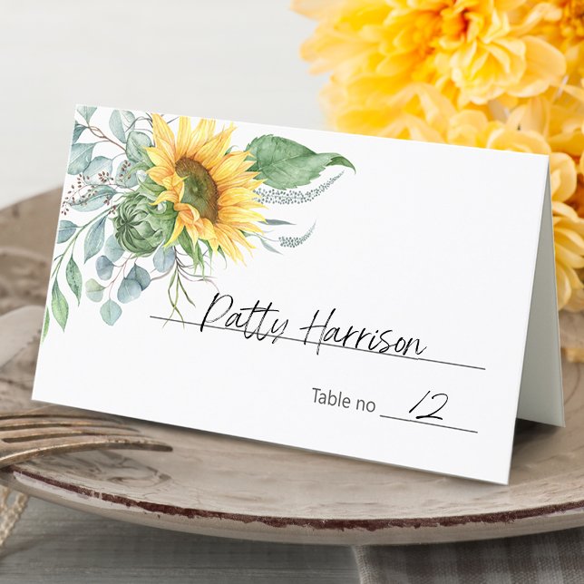 Elegant Sonnenblume Eukalyptus Grüne Platzkarte (Elegant Sunflower Eucalyptus Greenery Place Card)