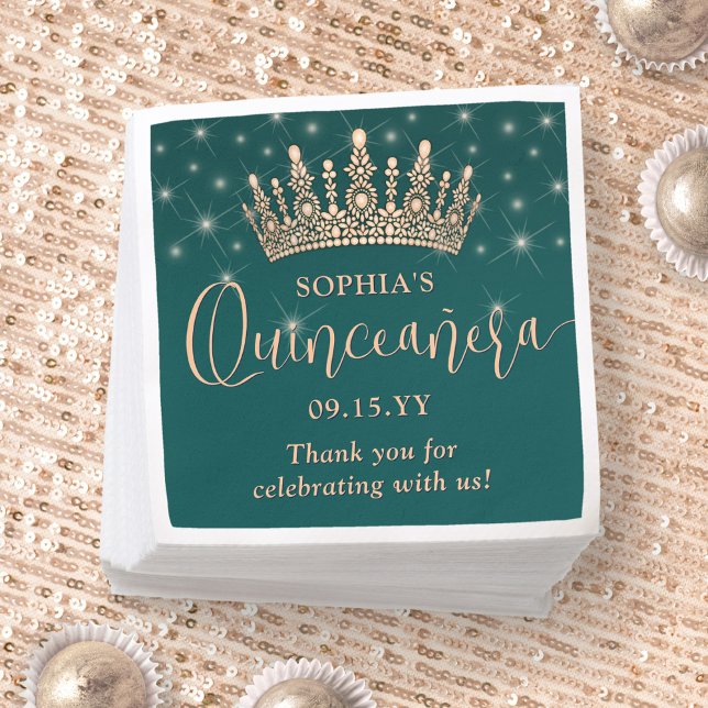 Elegant Sparkles Rose Gold Quinceañera Crown Green Serviette (Von Creator hochgeladen)