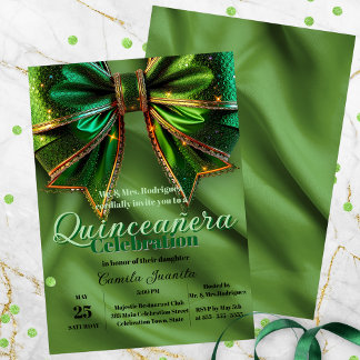 Elegant Sparkling Green Bow auf Satin Quinceañera Einladung