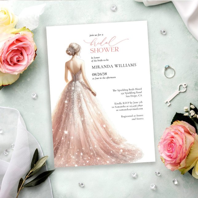Elegant Sparkling Pink Bride Dress Bridal Shower Einladung (Von Creator hochgeladen)