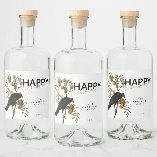 Elegant Spooky Happy Halloween Black Raven Familie Alkoholflaschenetikett (Flaschen)