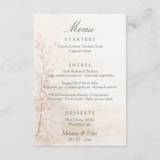 Elegant Spring Botanical Wedding Menu Card Begleitkarte (Vorderseite)
