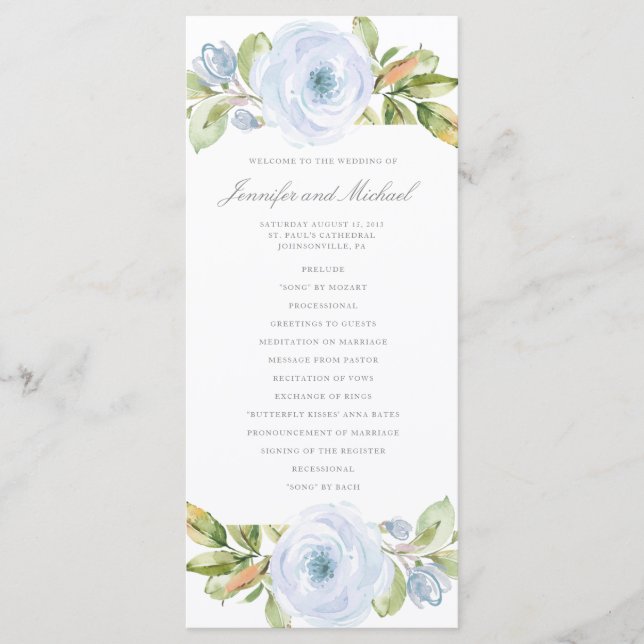 Élégant Spring Floral Dusty Blue Wedding Programme (Devant)