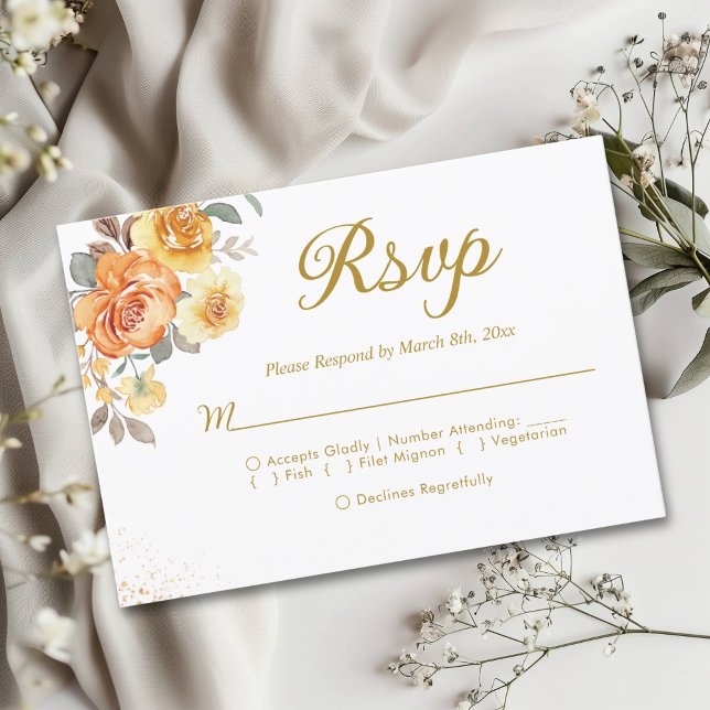 Elegant spring orange flowers with Golden tones RSVP Karte (Von Creator hochgeladen)