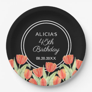 Elegant Spring Red Tulip Flora Black 45. Pappteller