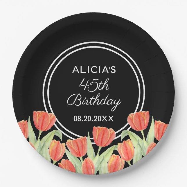 Elegant Spring Red Tulip Flora Black 45. Pappteller (Vorderseite)
