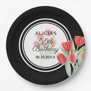 Elegant Spring Red Tulip Flora Black 55. Geburtsta Pappteller