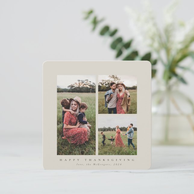Elegant Square Triple Foto Happy Thanksgiving Karte (Stehend Vorderseite)