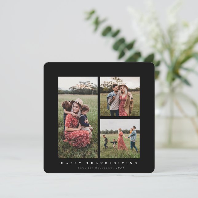 Elegant Square Triple Foto Happy Thanksgiving Karte (Stehend Vorderseite)