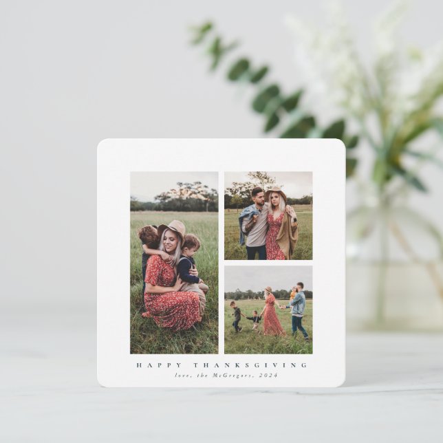 Elegant Square Triple Foto Happy Thanksgiving Karte (Stehend Vorderseite)