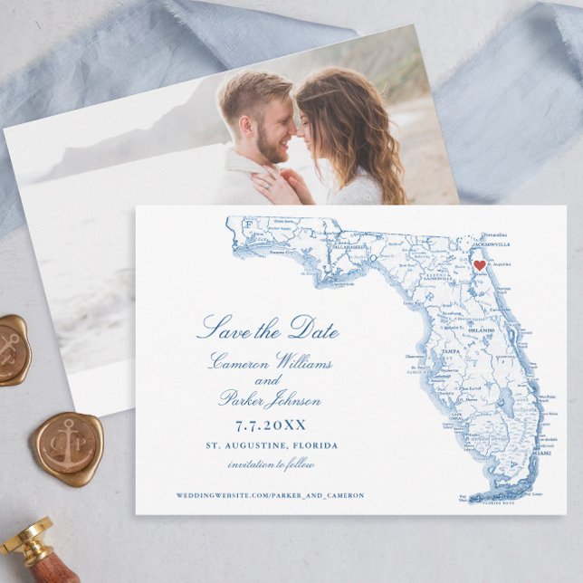 Elegant St. Augustine Florida Wedding Navy Karte (Elegant St. Augustine Florida map wedding napkins in navy blue by Coastal Map Designs)