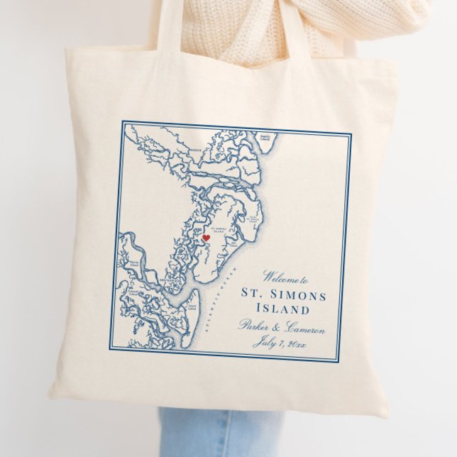 Elegant St. Simons Island Georgia Navy Map Wedding Tragetasche (Elegant St. Simons Island Georgia Wedding Tote Bag with navy blue map )