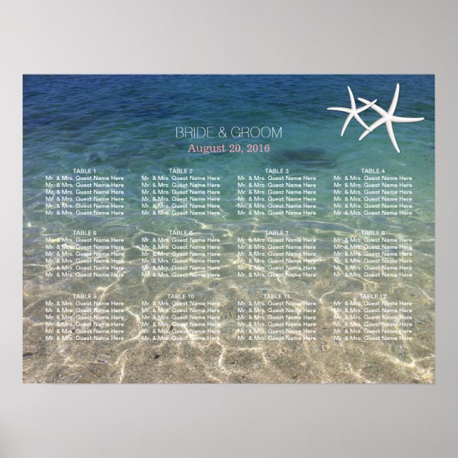 Elegant Starfish Blue Beach Wedding Seating Chart Poster (Vorne)