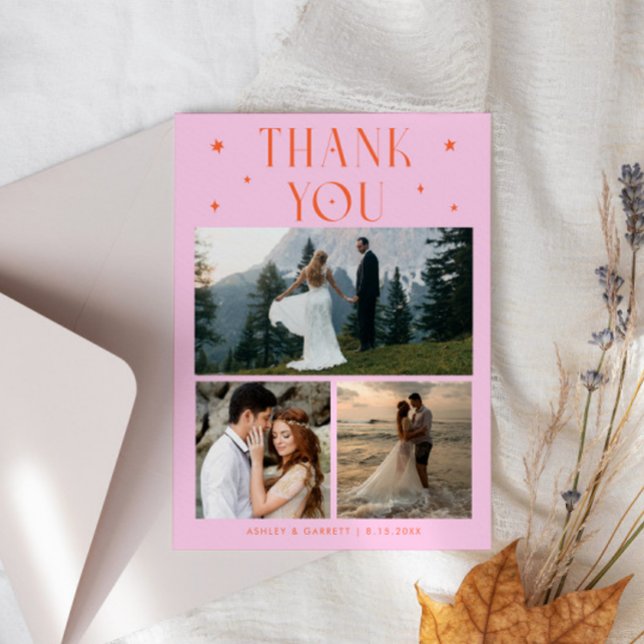 Elegant Stars Wedding Multi Photo Orange Pink Dankeskarte (Von Creator hochgeladen)