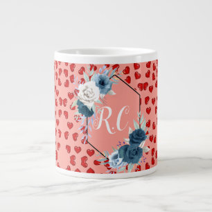 Elegant Staubblaues Blumen- und Rote-Herzen-Monogr Jumbo-Tasse