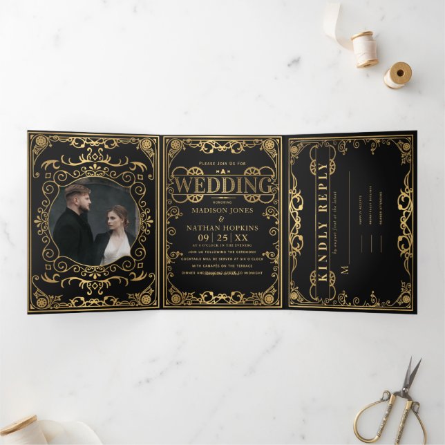 Elegant Steampunk Viktorianisch Wedding Dreifach Gefaltete Einladung (Innenseite)