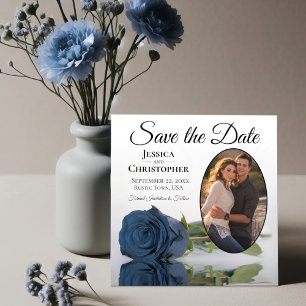 Elegant Steel Blue Rose Oval Foto White Wedding Save The Date